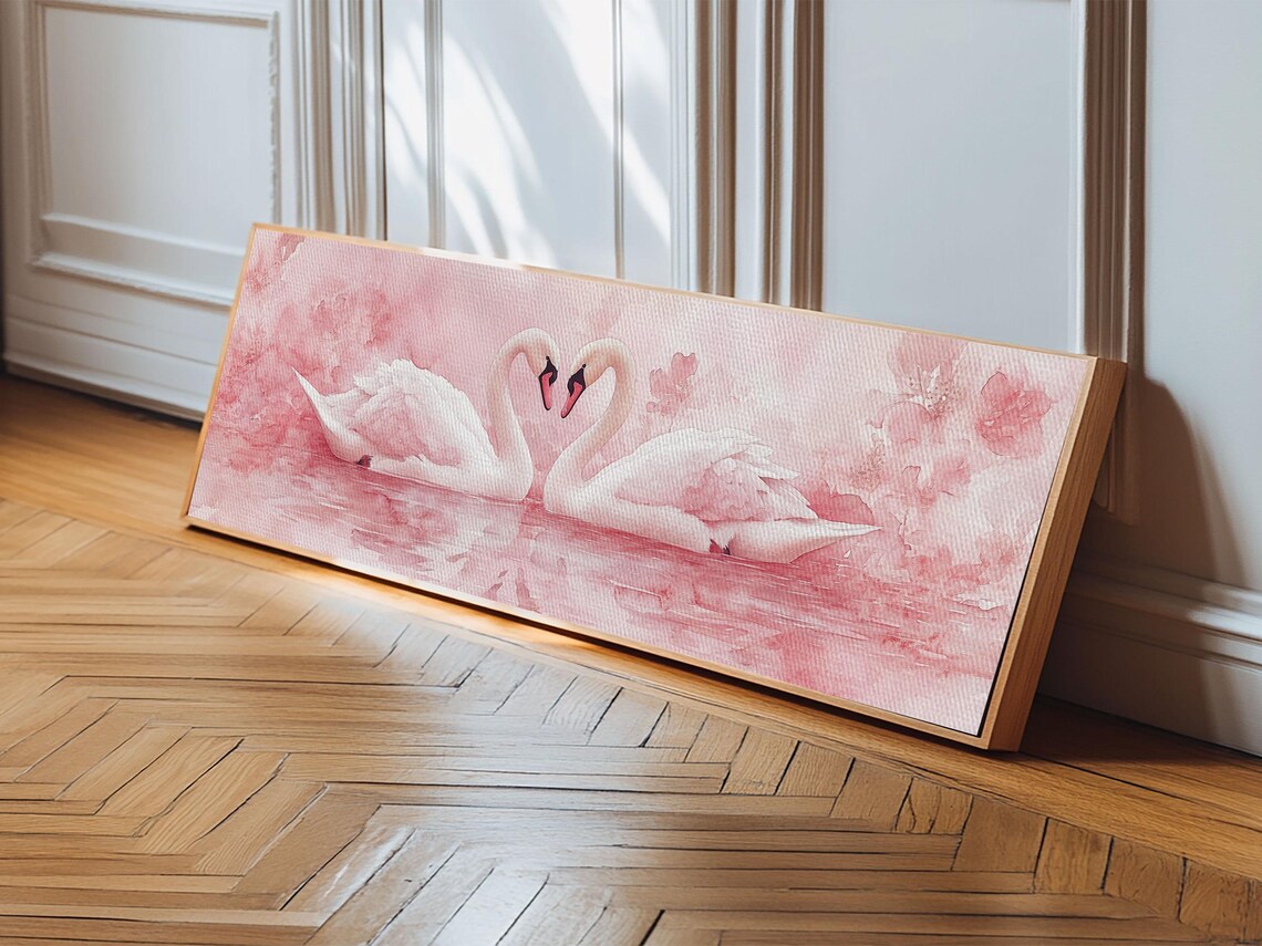 Swan Pair Pink Blossom Lake Watercolor Romantic Animal Wall Art