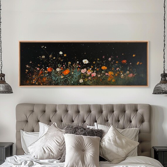 Dark Moody Wild Flowers Under A Full Moon Framed Print Panoramic Extra Wide Wall Art Oversized Home Decor