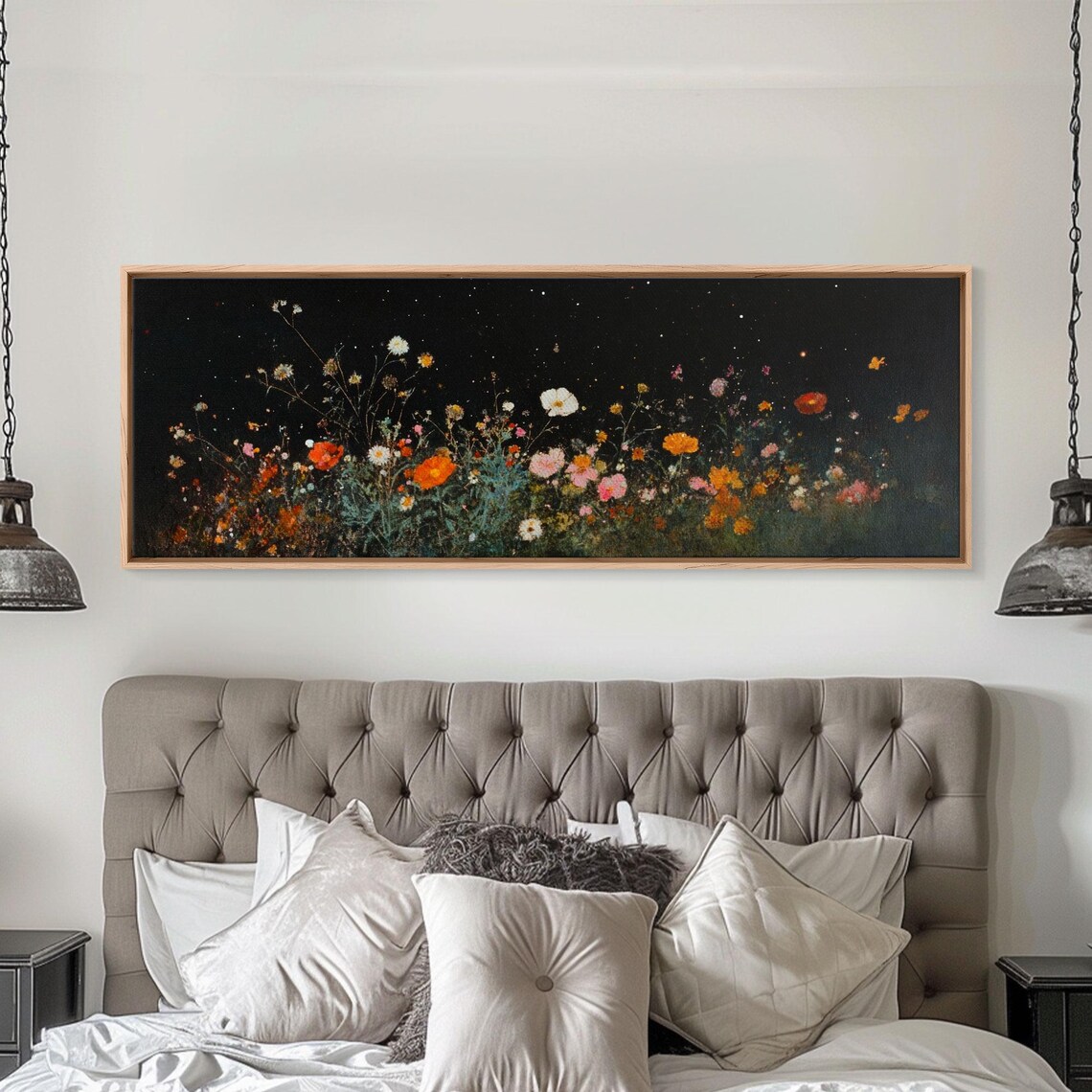 Dark Moody Wild Flowers Under A Full Moon Framed Print Panoramic Extra Wide Wall Art Oversized Home Decor