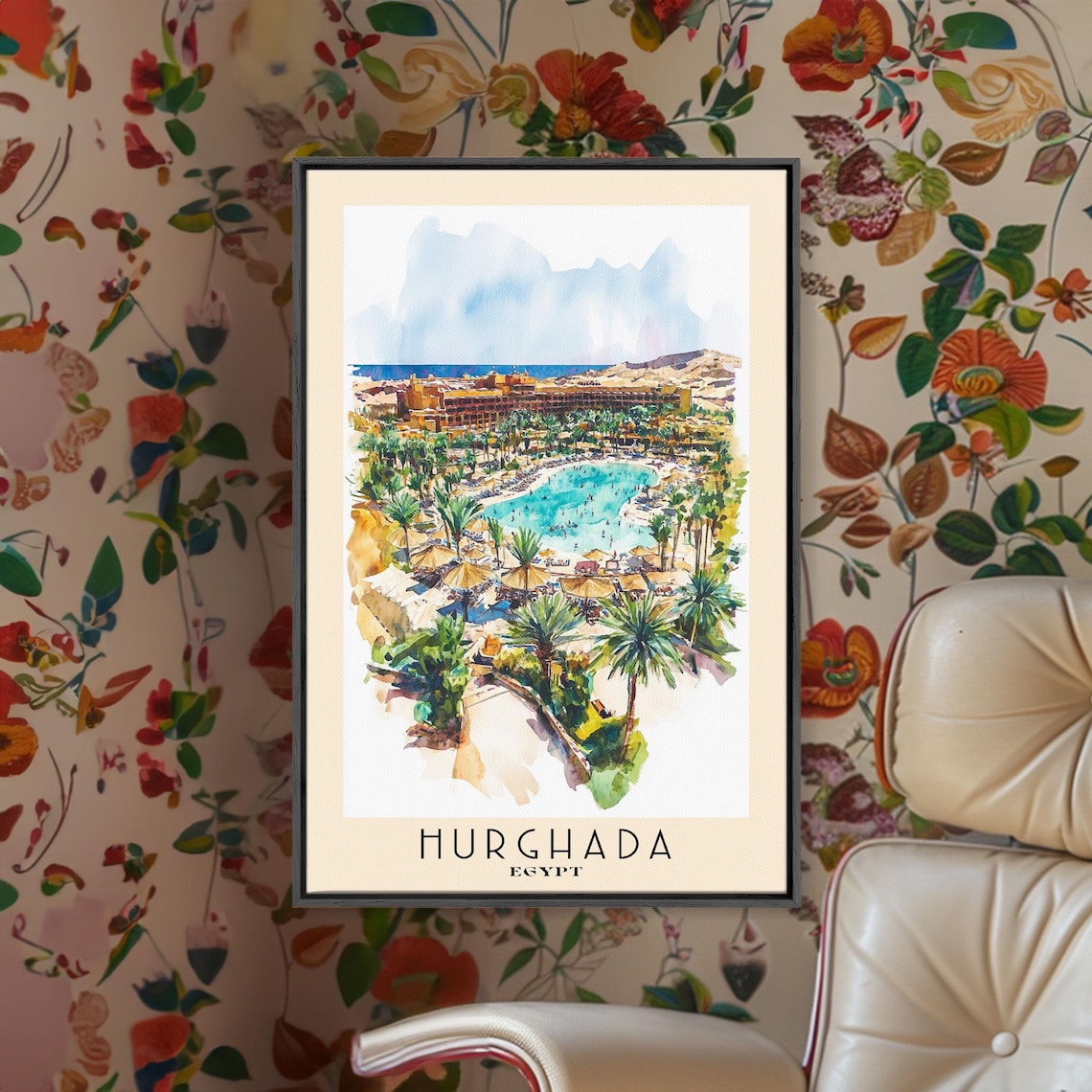 Hurghada Egypt Red Sea Resort Palm Lagoon Pool Watercolor Travel Poster - Image 2