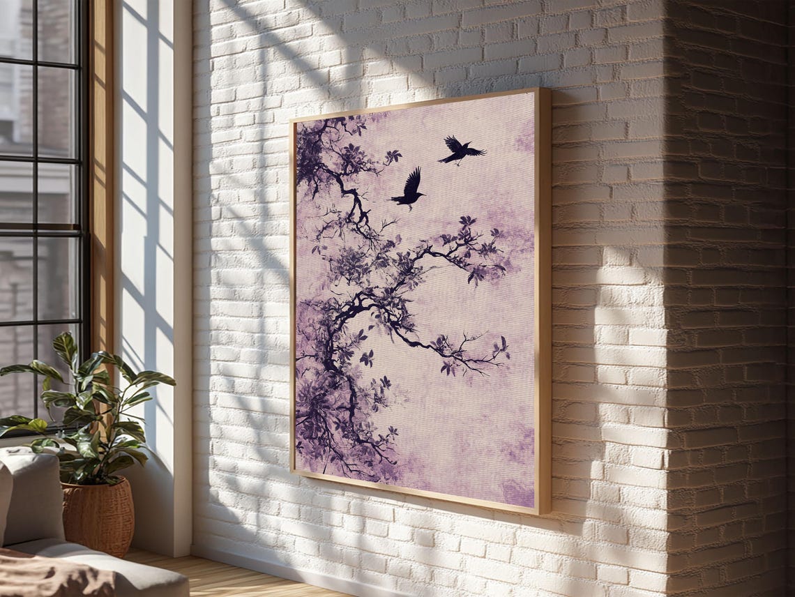 Purple Ink Tree Branches Flying Crows Wabi Sabi Minimalist Art Poster - Image 6