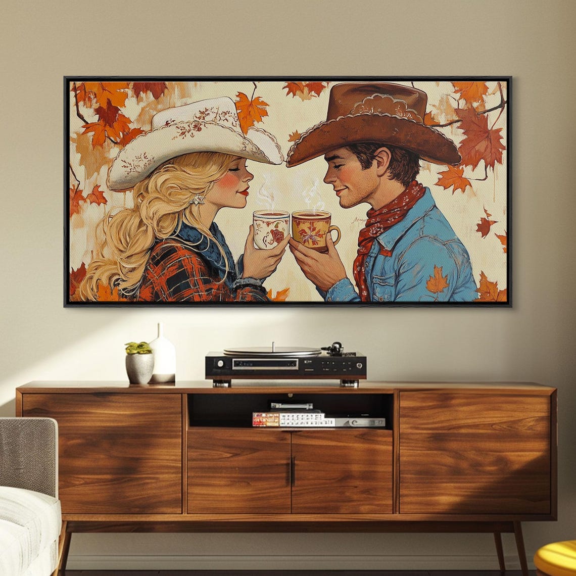 Cowboy Cowgirl Couple Sharing Hot Cocoa In Fall Vintage Style Poster - Image 3
