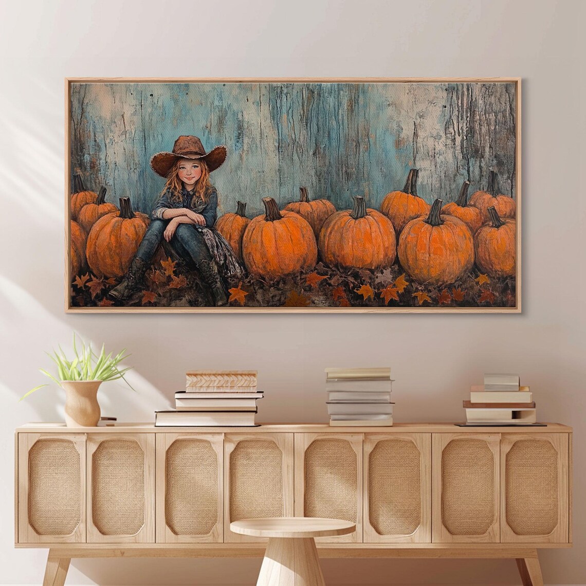 Young Cowgirl Sitting Among A Row Of Pumpkins Rustic Fall Art Print - Image 5