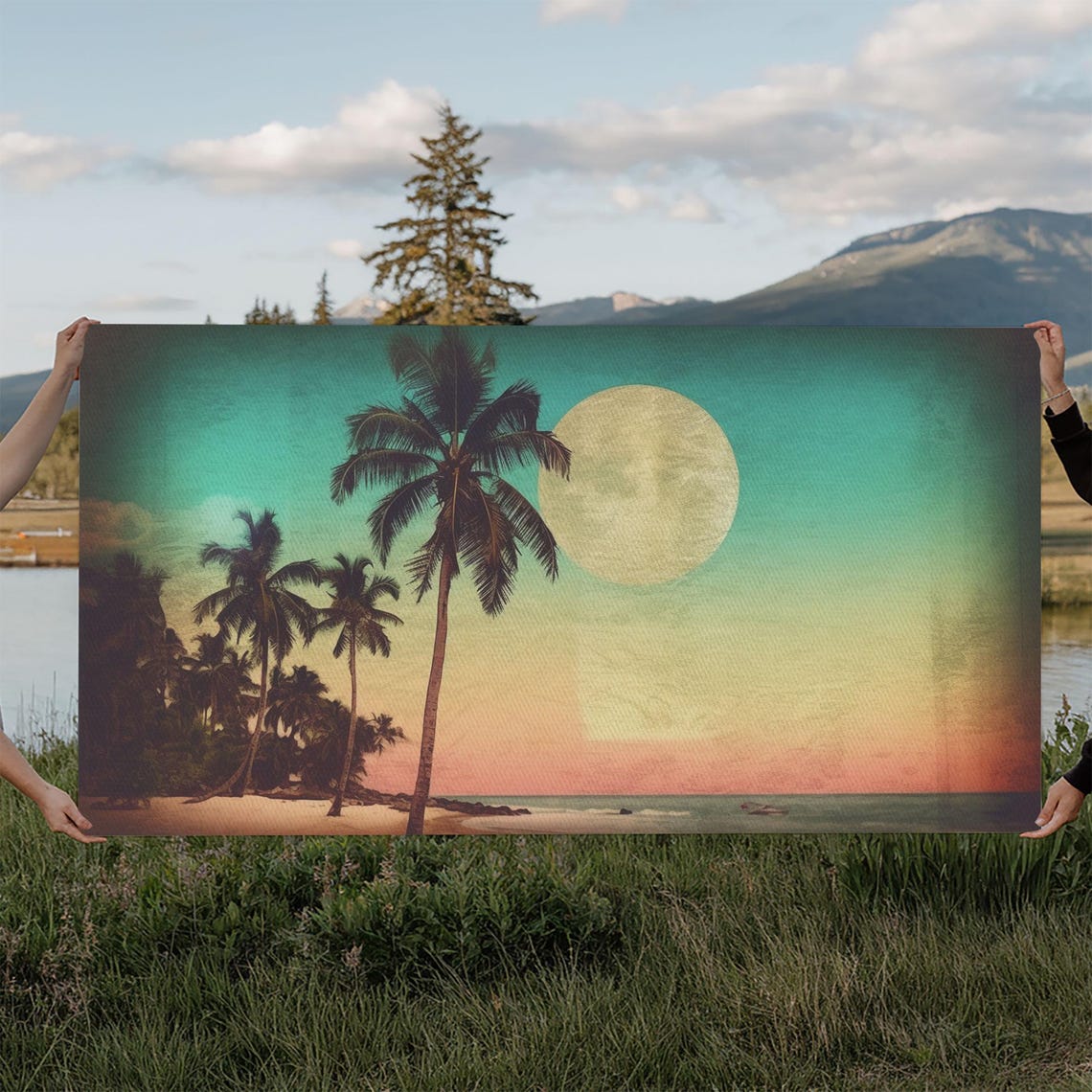 Sunset Over Beach Wall Decor Tropical Wall Art Palm Trees Art Panoramic Wall Decor Print Wall Art Framed Art