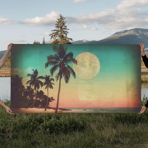 Sunset Over Beach Wall Decor Tropical Wall Art Palm Trees Art Panoramic Wall Decor Print Wall Art Framed Art