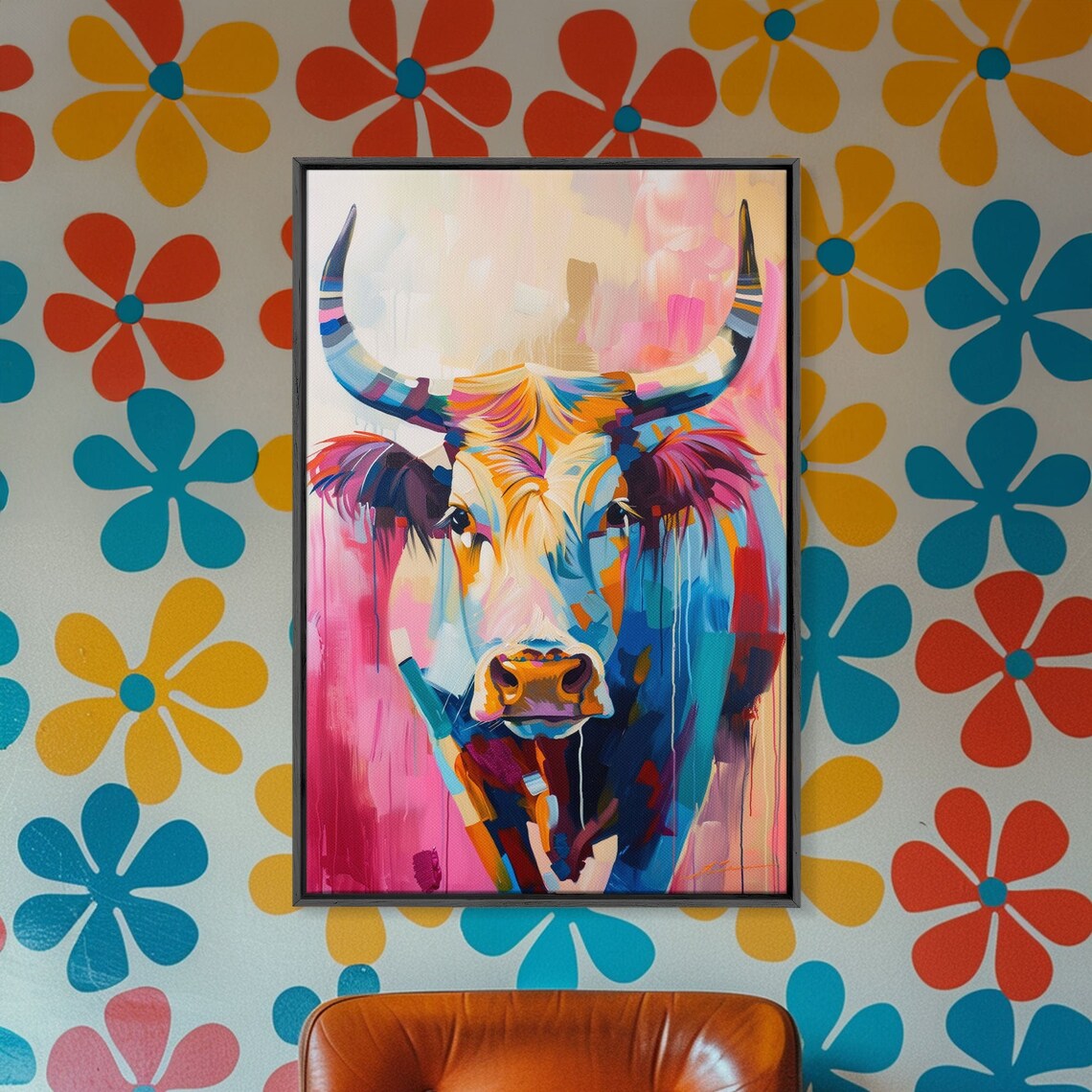 Colorful Longhorn Cow Portrait Vibrant Texas Farm Animal Art Poster - Image 5