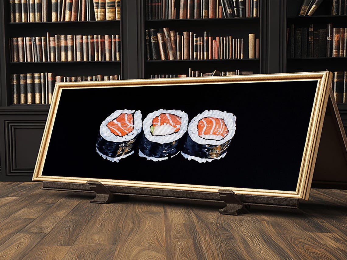 Salmon Sushi Maki Rolls Black Background Panoramic Kitchen Wall Poster