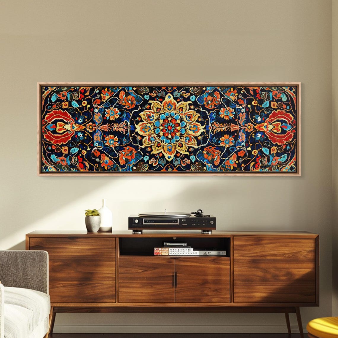 Navy Blue Floral Mandala Tapestry Pattern Panoramic Art Print