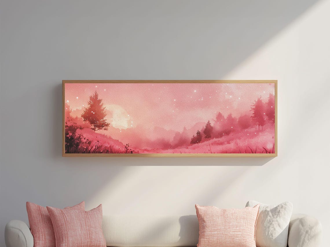 Misty Pink Pine Forest Starry Night Sky Dreamy Landscape Wall Art - Image 2