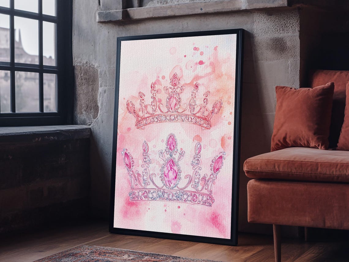 Twin Pink Jeweled Crowns Watercolor Whimsical Princess Wall Art Print - Image 5