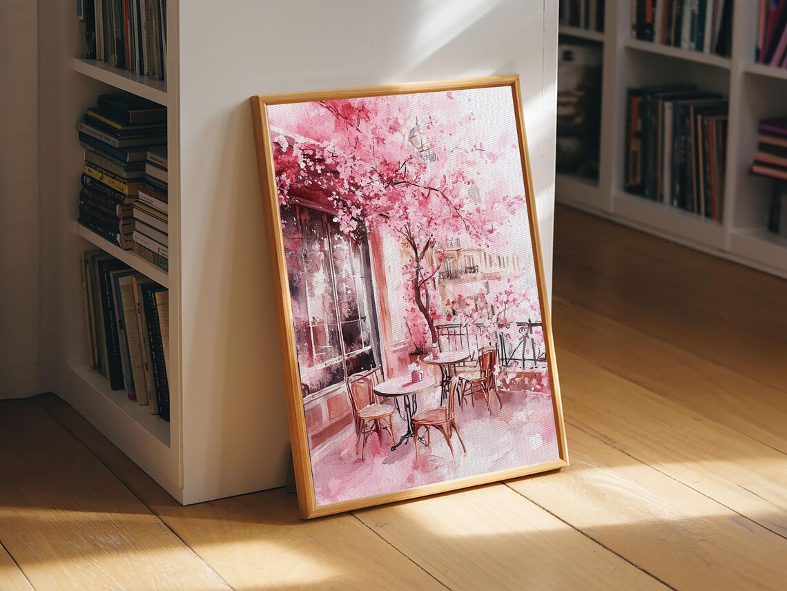 Cherry Blossom Cafe Street Scene Pink Watercolor Romantic Art Poster - Image 2