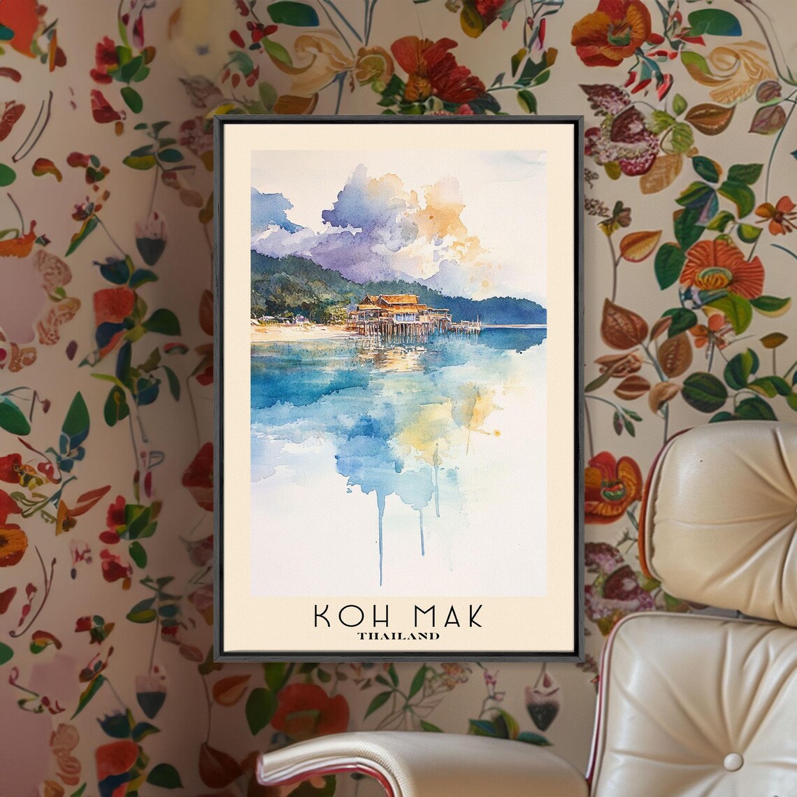 Koh Mak Thailand Stilt Houses Golden Water Reflection Watercolor Poster - Image 2