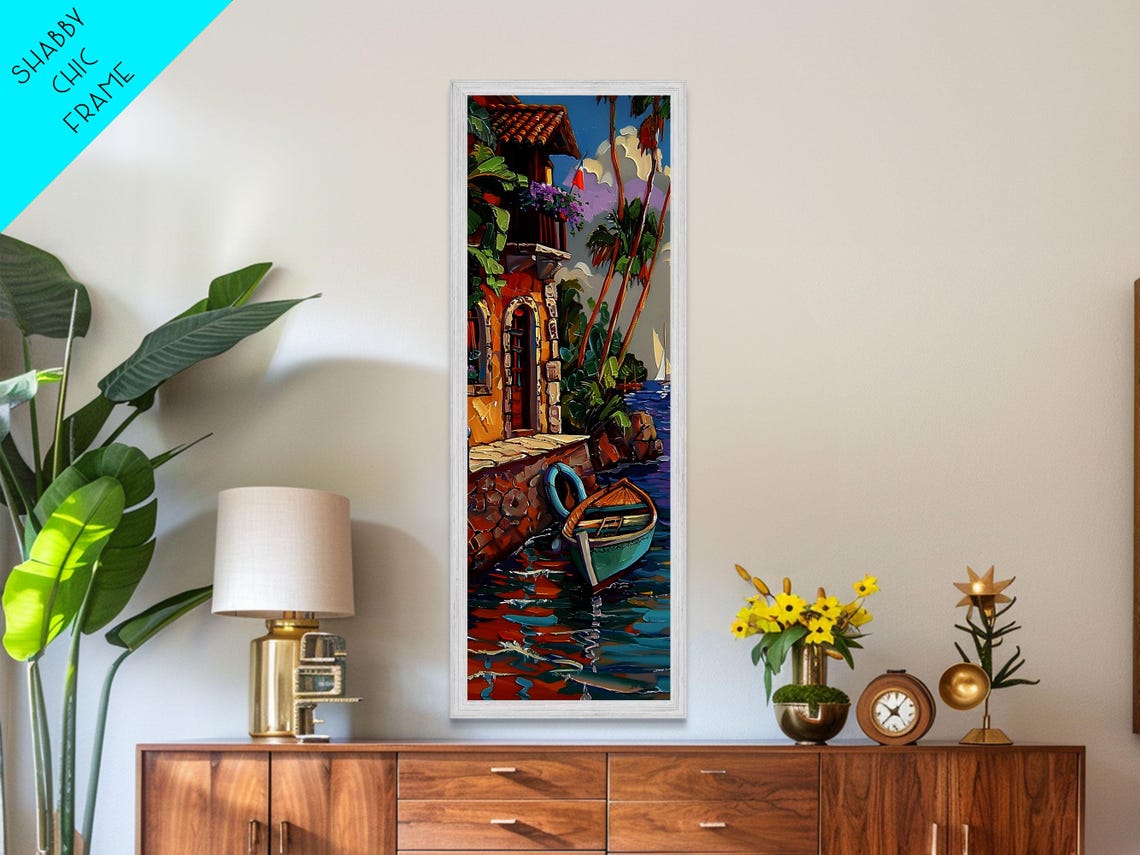 Mediterranean Waterfront Tower With Moored Boat Impasto Harbor Poster - Image 2