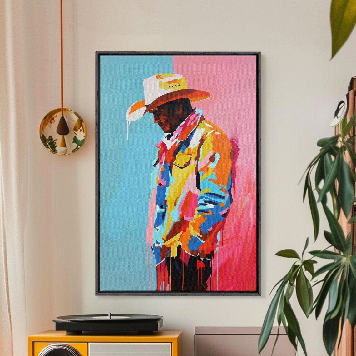 Pensive Cowboy Portrait Colorful Hat Abstract Western Pop Art Poster - Image 3
