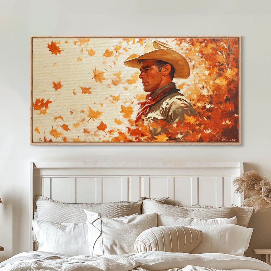 Vintage Cowboy Portrait Surrounded By Falling Autumn Leaves Print - Image 4