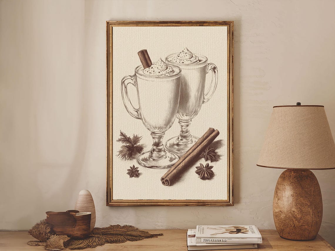 Vintage Eggnog Mugs Whipped Cream Sketch Holiday Drink Poster Art - Image 5