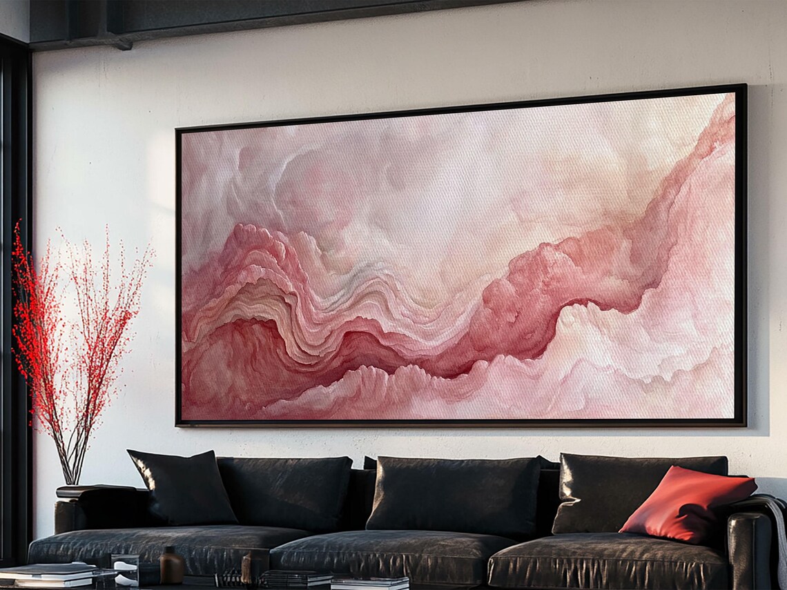Pink Geode Framed Print Light Pink Wall Art Above Bed Decor Moody Abstract Artwork Gift Idea Minimalist Panoramic Painting - Image 2