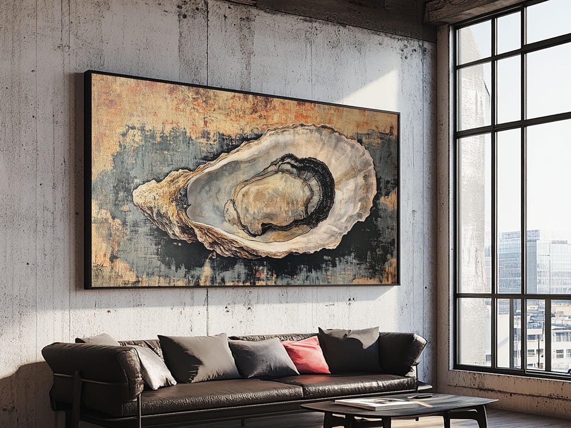 Oyster Shell Painting Textured Blue Ochre Abstract Coastal Wall Art - Image 6