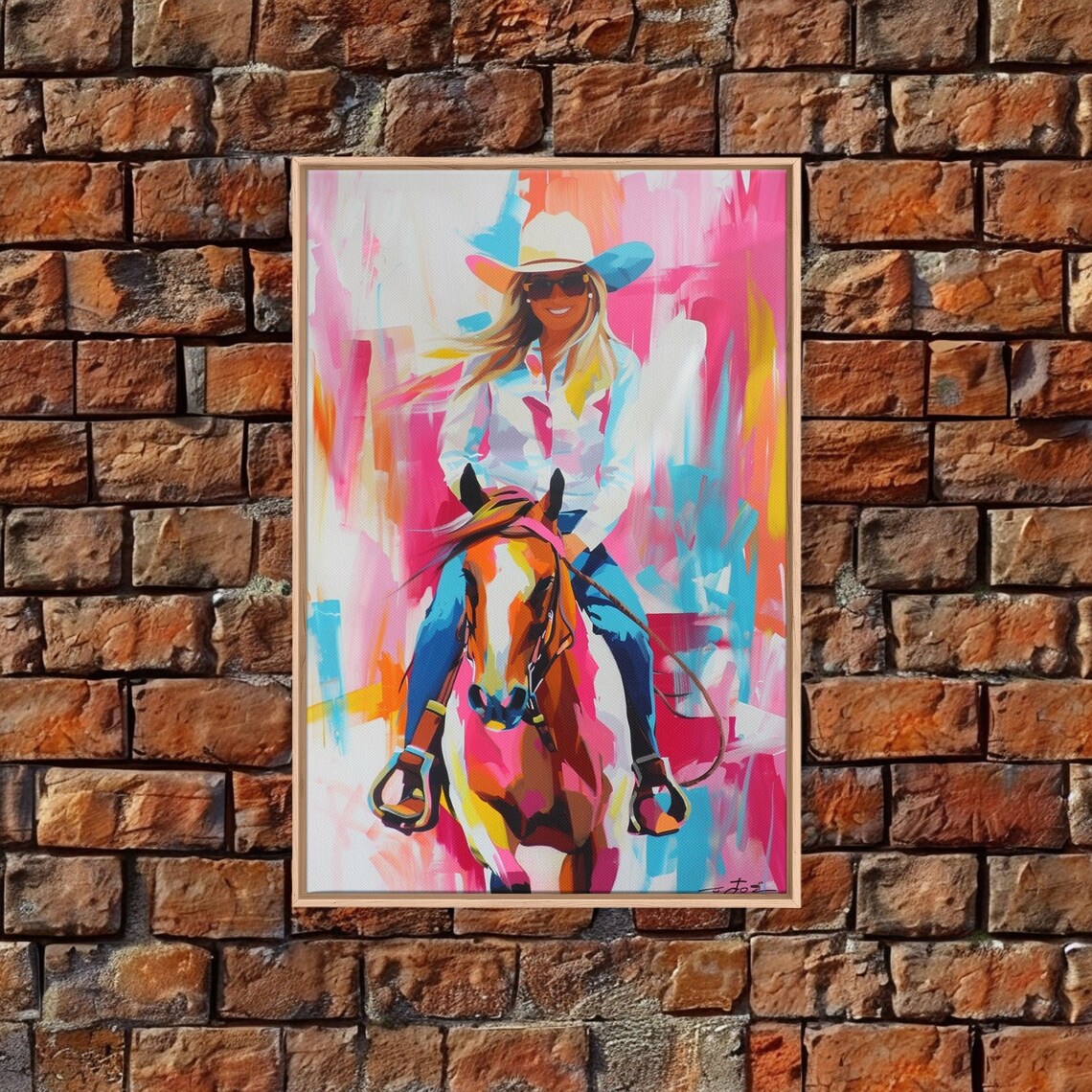 Smiling Cowgirl Riding Horse, Western Art Print - Image 3