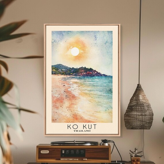 Ko Kut Thailand Sunset Beach Headland Orange Sun Watercolor Wall Poster