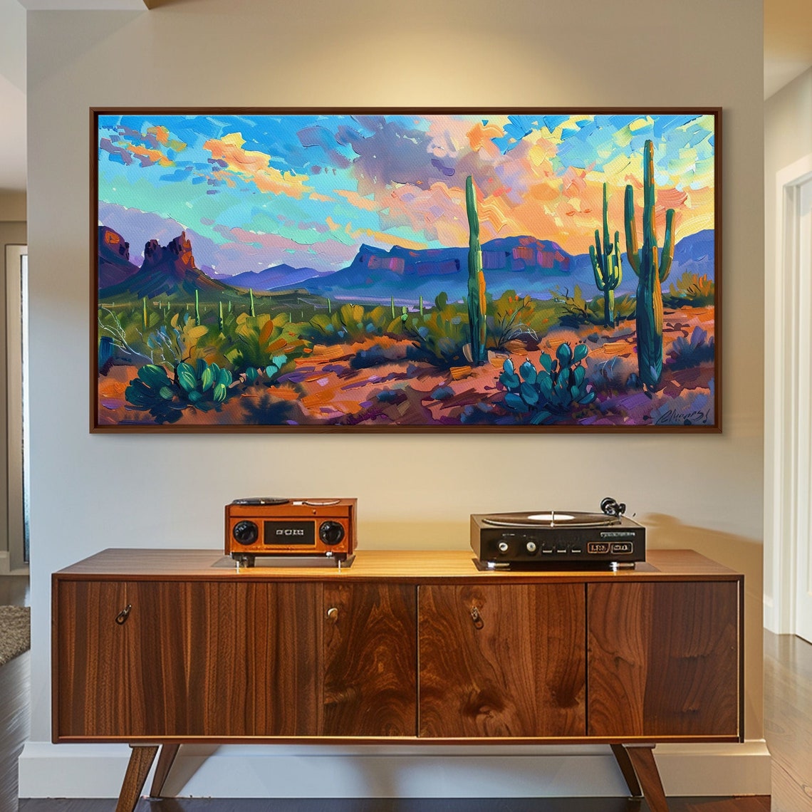 Saguaro Desert Sunset Red Rock Mesas Vibrant Impasto Art Poster - Image 5