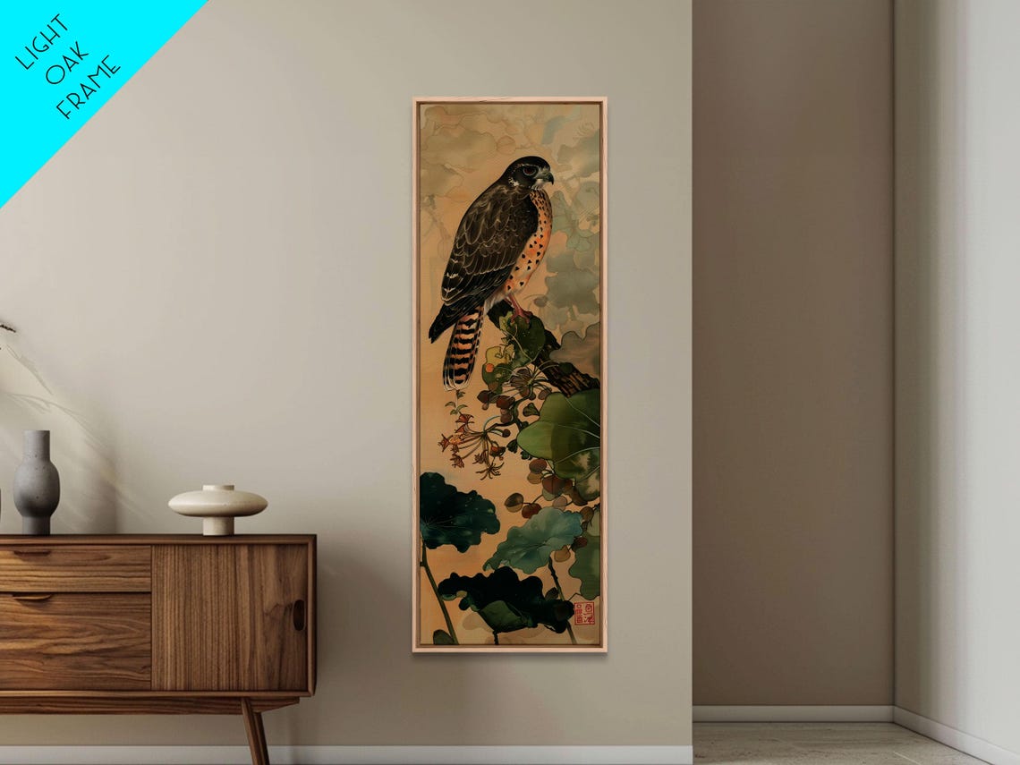 Majestic Hawk Perched Among Green Foliage Vintage Japanese Wall Art - Image 4
