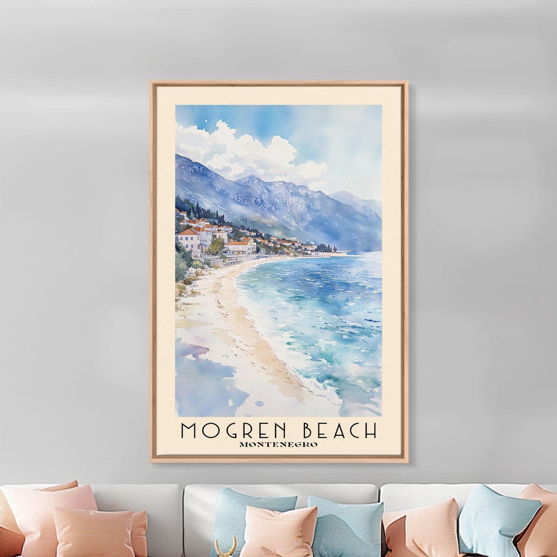 Mogren Beach Montenegro Seaside Town Mountain Bay Watercolor Poster - Image 3