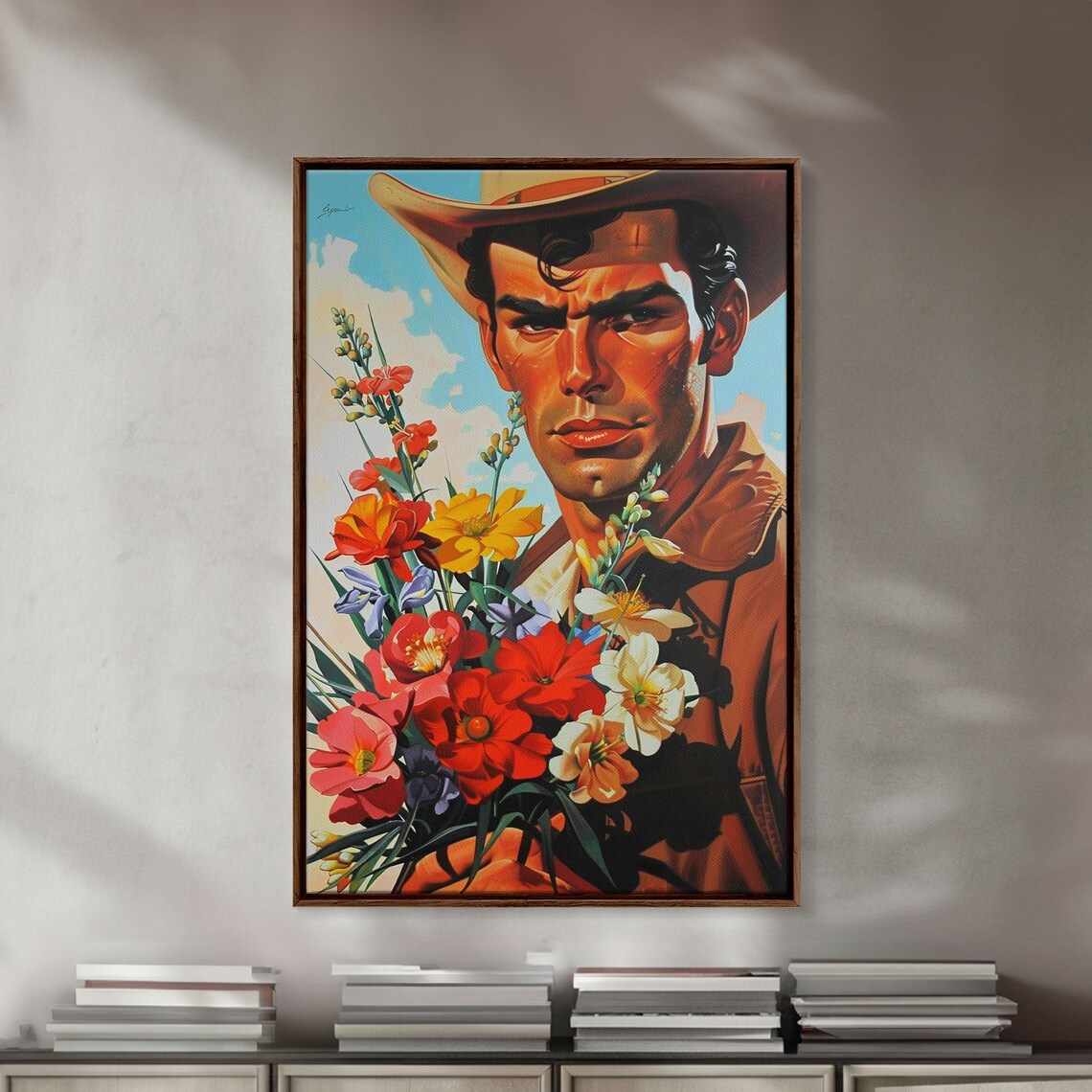 Cowboy Holding Bouquet Of Wildflowers Western Portrait Art Poster - Image 5