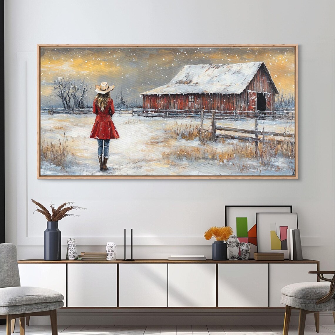Barn Painting Framed Print Cowgirl And Her Barn Rustic Farmhouse Decor Winter Painting Winter Wonderland Farmhouse Wall Art - Image 5
