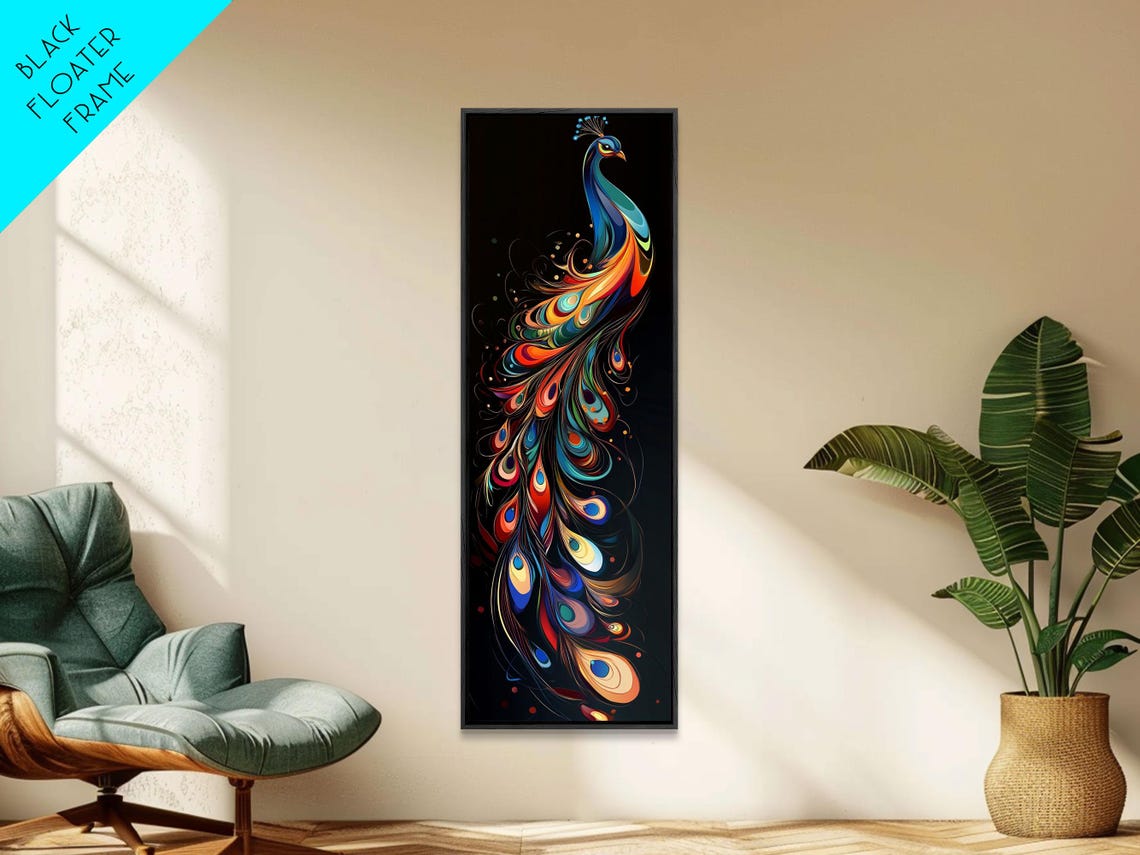 Whimsical Rainbow Peacock Black Background Vertical Boho Art Poster - Image 3