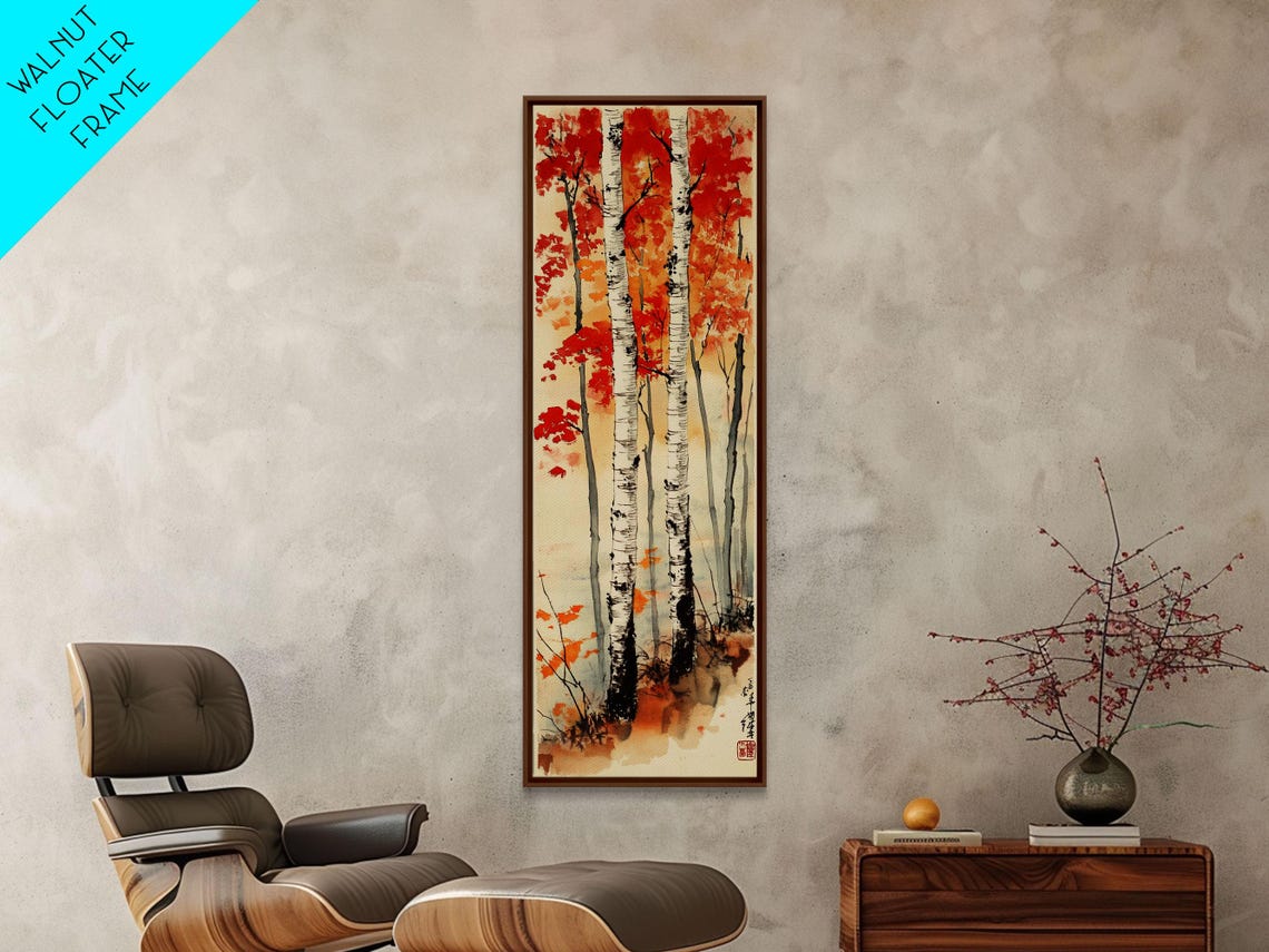 Japanese Birch Trees Autumn Red Leaves Traditional Ink Art Poster - Image 5