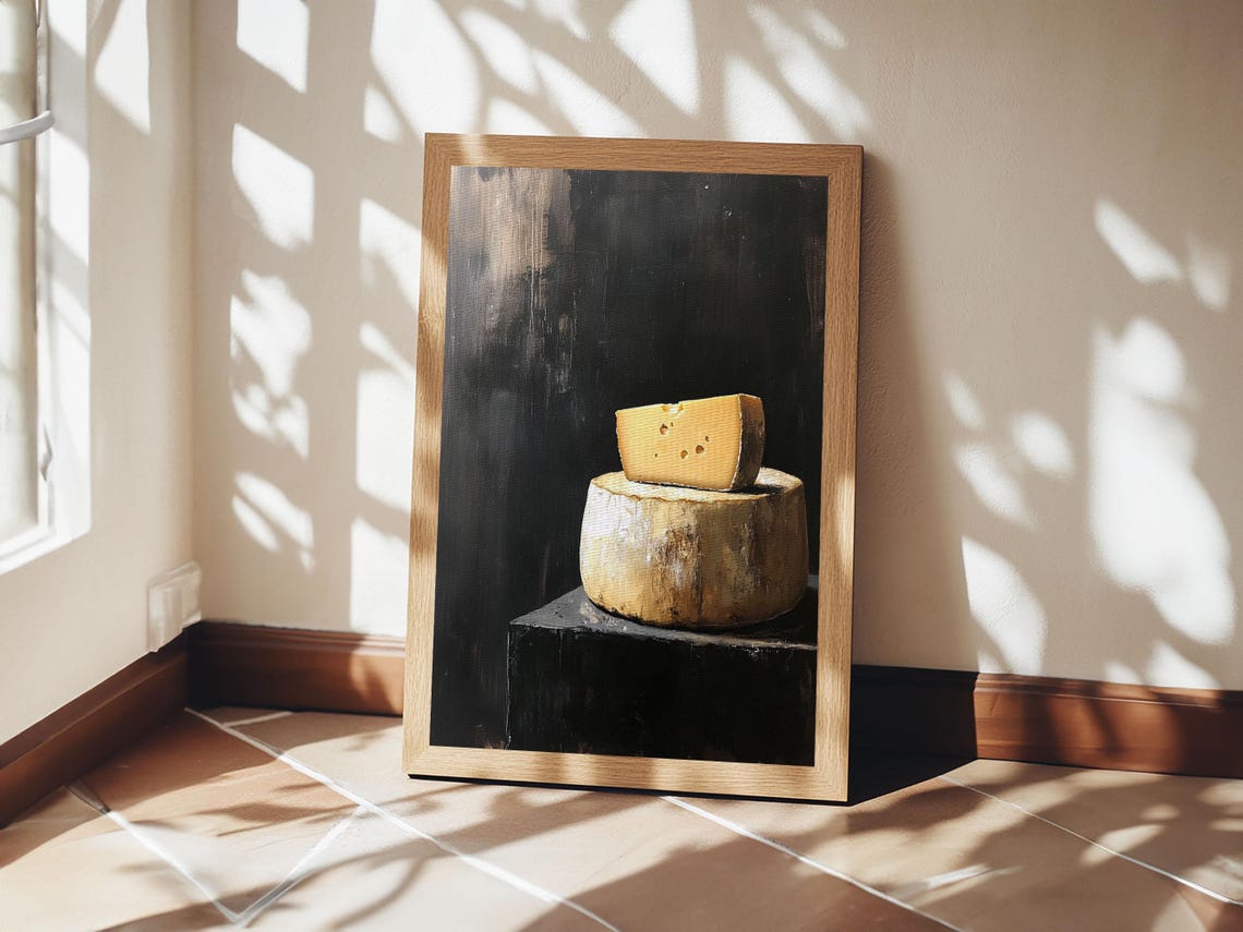 Cheese Wheel Still Life Oil Painting Dark Moody Kitchen Food Art Print - Image 3