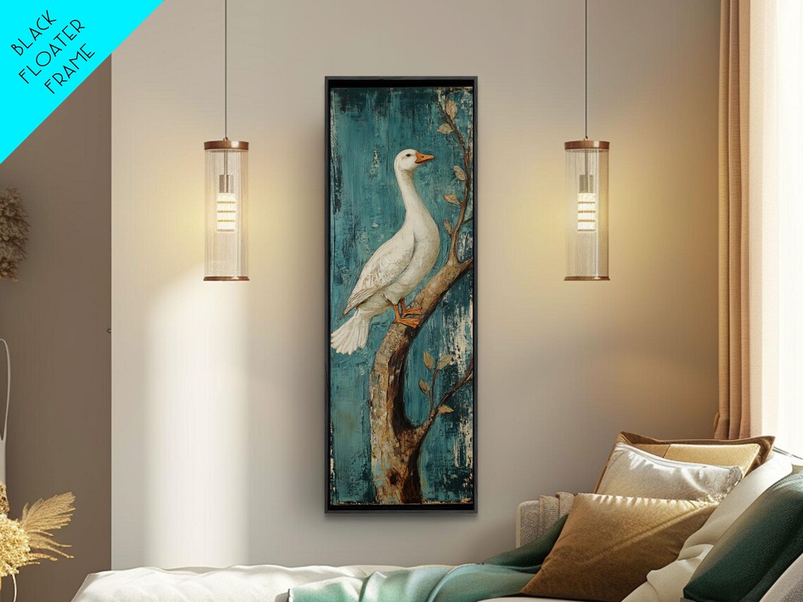 White Duck on Branch Teal Folk Art Distressed Rustic Wall Art - Image 5