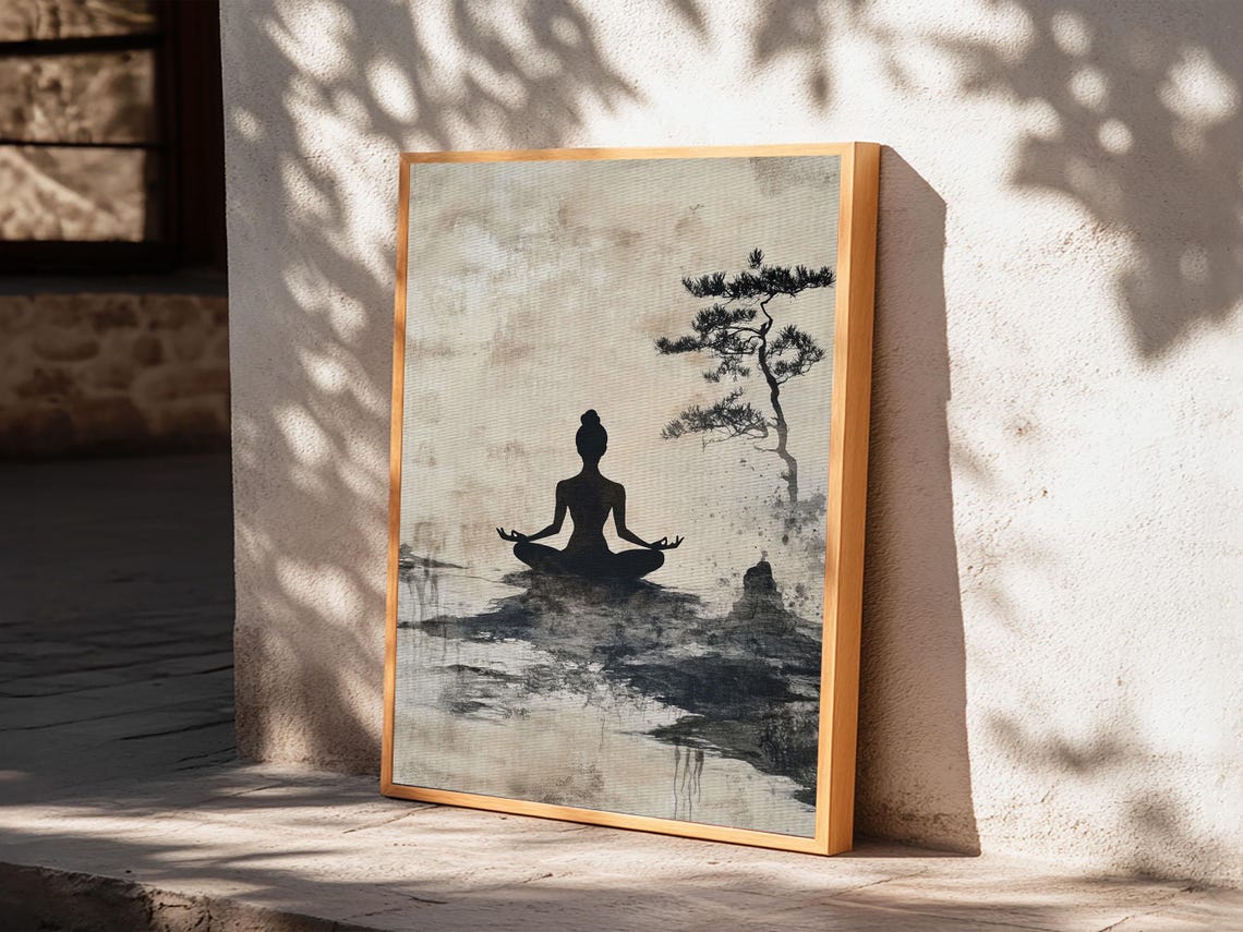 Zen Meditation Silhouette Pine Tree Ink Wash Minimalist Calm Wall Art