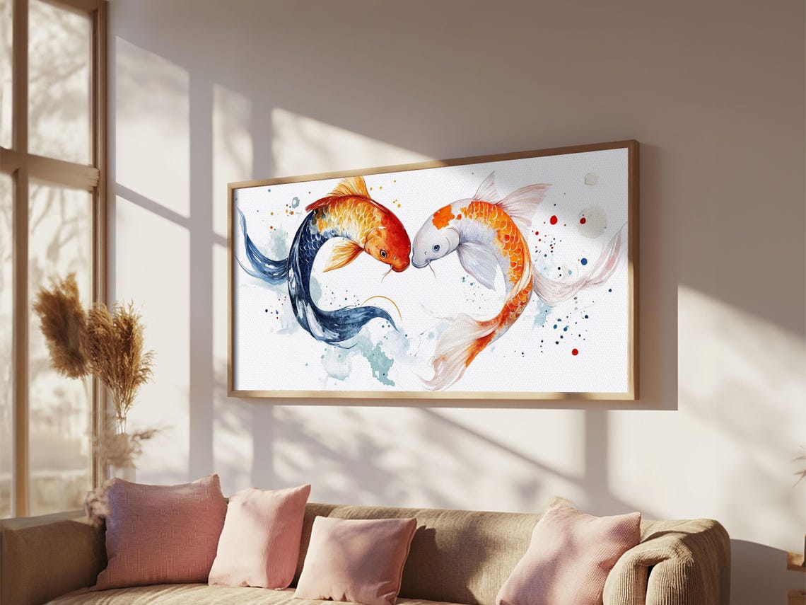 Koi Fish Couple Yin Yang Heart Curve Watercolor Splash Painting Print - Image 5