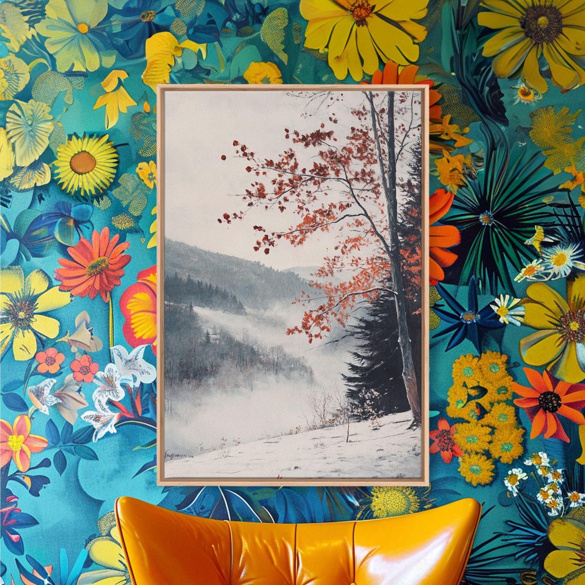 Snowy Mountain Valley Winter Snow Red Leaves Landscape Poster - Image 4