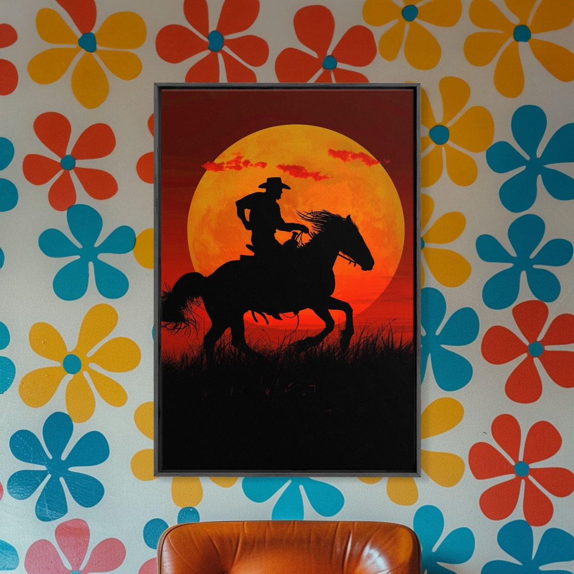 Cowboy Silhouette On Galloping Horseback Giant Orange Sunset Wall Art - Image 5