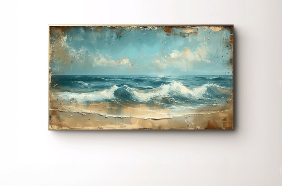 Vintage Distressed Ocean Waves Beach Painting Print Coastal Decor