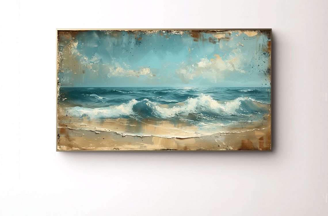 Vintage Distressed Ocean Waves Beach Painting Print Coastal Decor