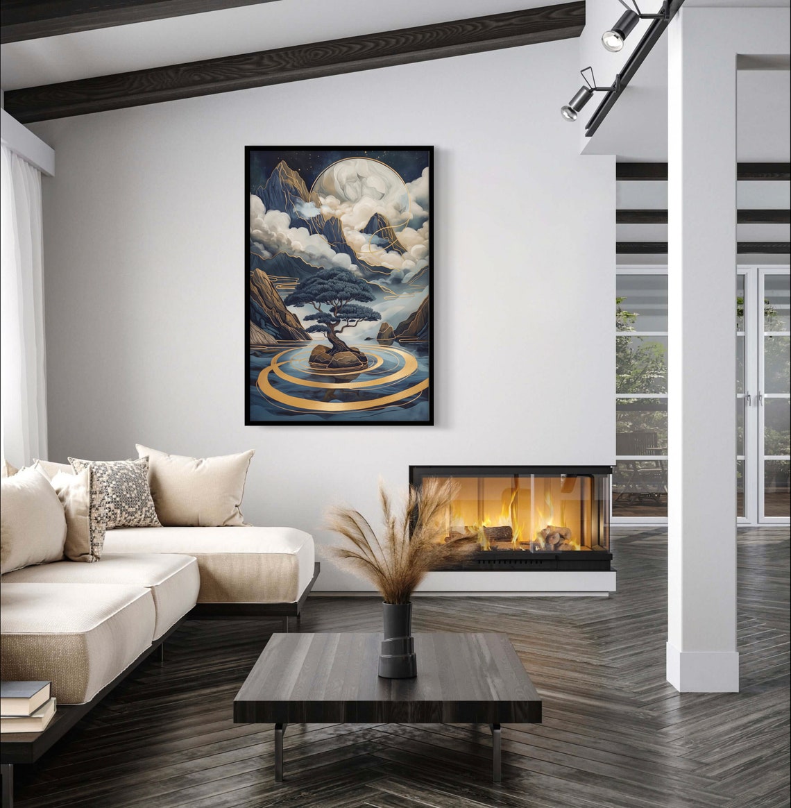 Zen Bonsai Tree Golden Moon Night Mountain Lake Meditation Poster - Image 5