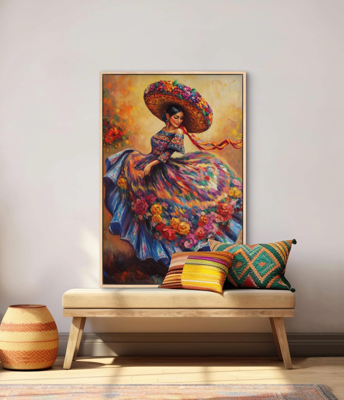 Mexican Dancer Floral Dress Sombrero Colorful Folkloric Fiesta Wall Art Poster - Image 2