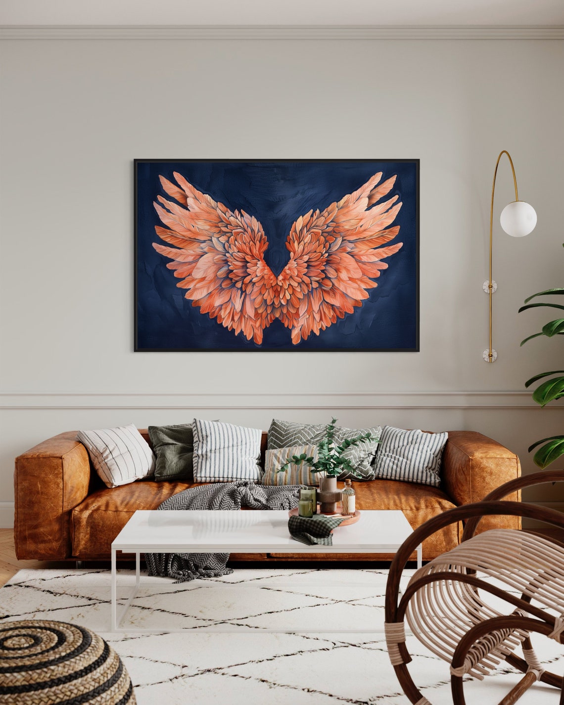 Dreamy Peach Angel Wings Navy Ethereal Abstract Wall Art Print - Image 2