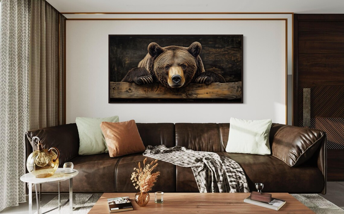Grizzly Bear Face Peeking Over Wooden Beam Rustic Lodge Wildlife Art Poster - Image 3