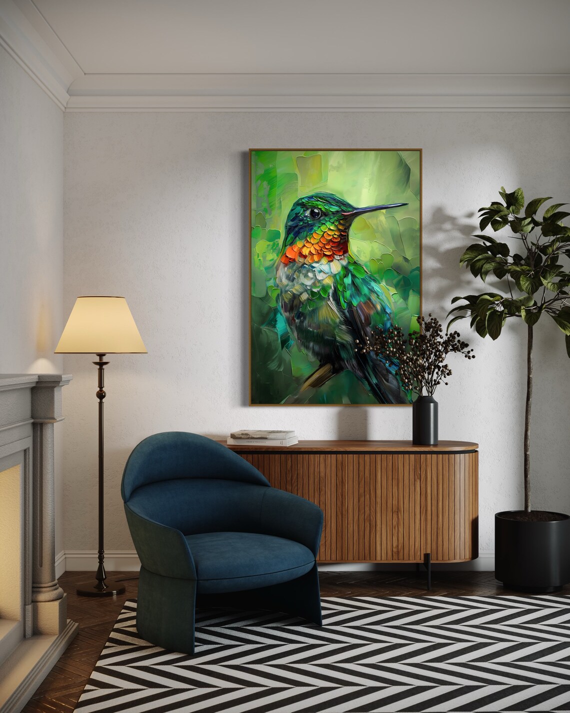 Colorful Hummingbird Oil Painting Green Impasto Bird Art Print - Image 4