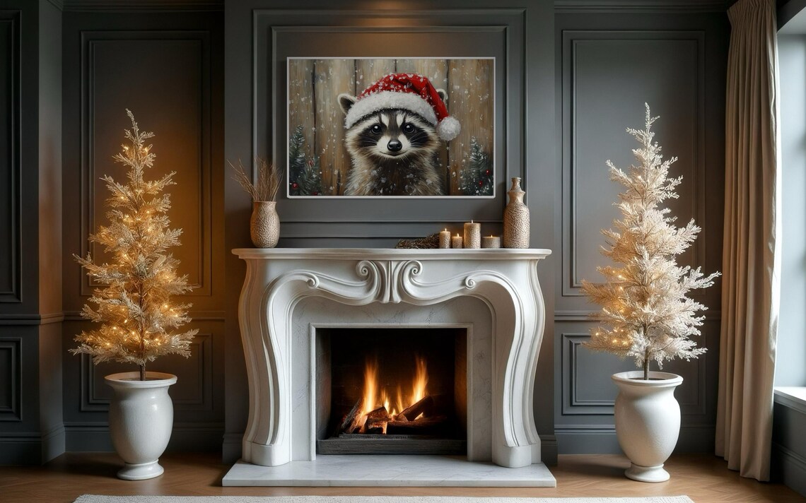 Cute Raccoon Santa Hat Snowy Woodland Christmas Wildlife Poster - Image 2