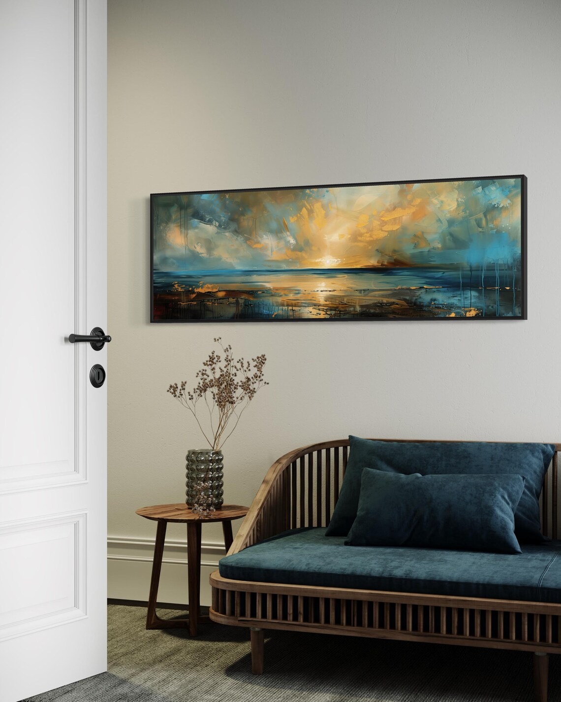Golden Abstract Coastal Sunset Seascape Teal Gold Painting Print - Image 3