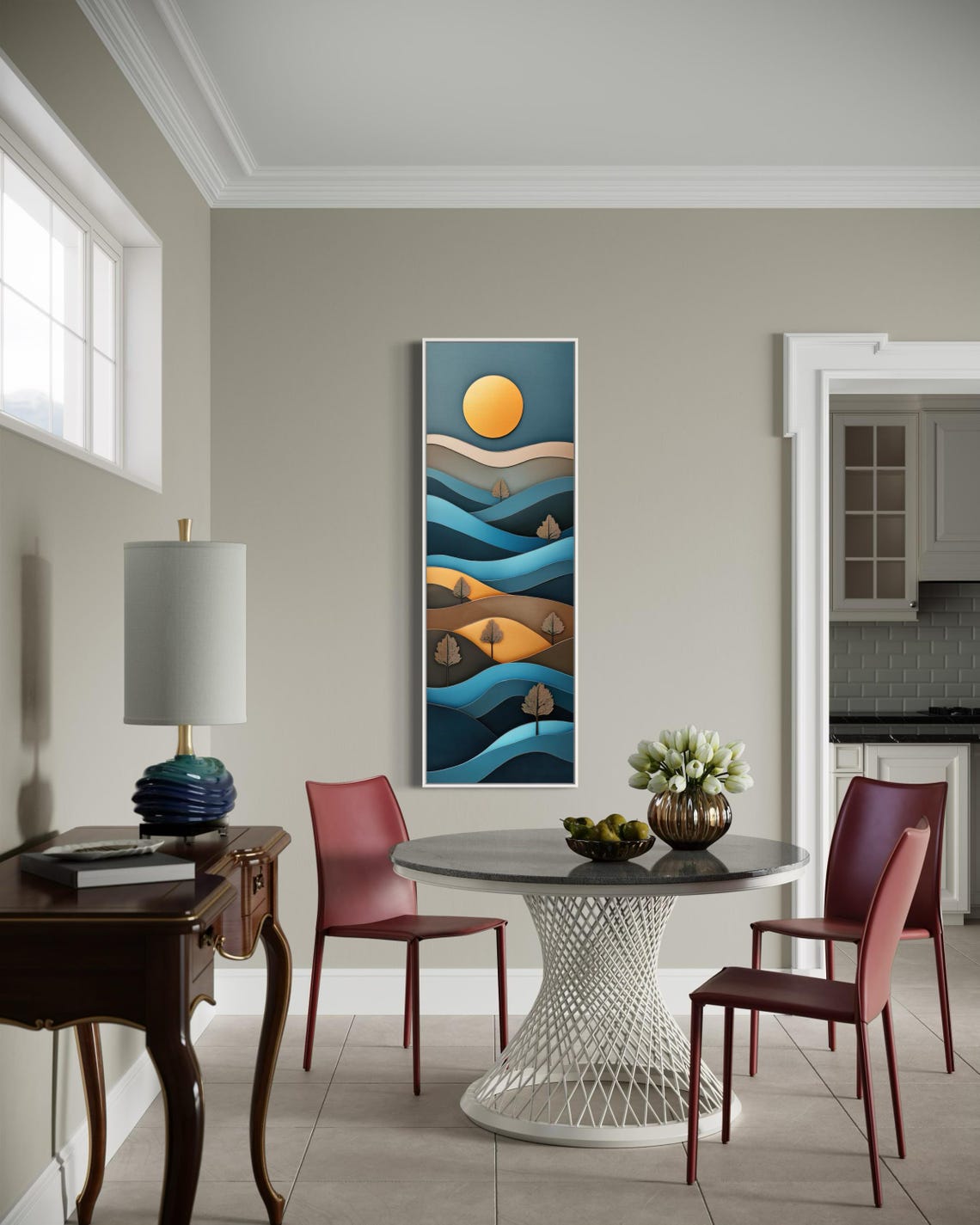 Layered Style Landscape Art Moody Tall Vertical Print With Golden Sun And Blue Tones Perfect For Rustic House Decor - Image 2