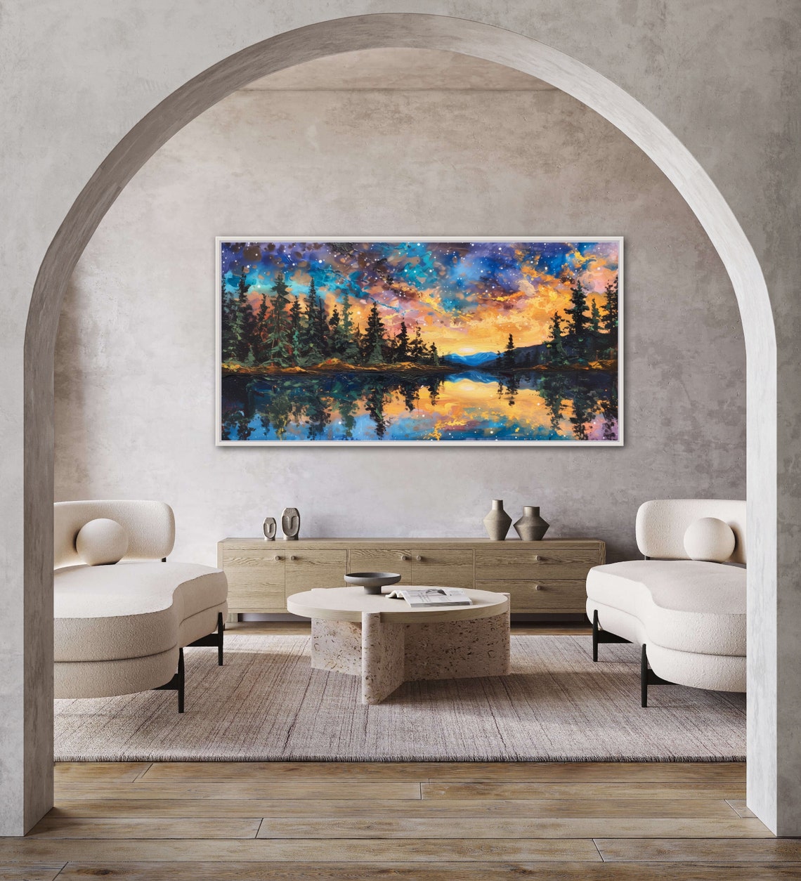 Starry Night Sky Over Pine Forest Lake Reflection Wall Art Poster - Image 2