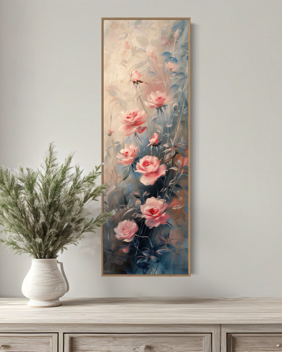 Pink Roses Abstract Floral Painting Vertical Narrow Wall Art Print - Image 4