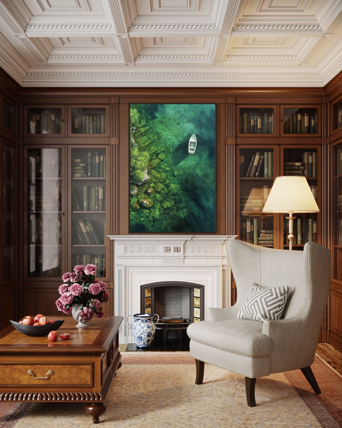 Emerald Escape Boat Art Print, Modern Lake House Decor - Image 3